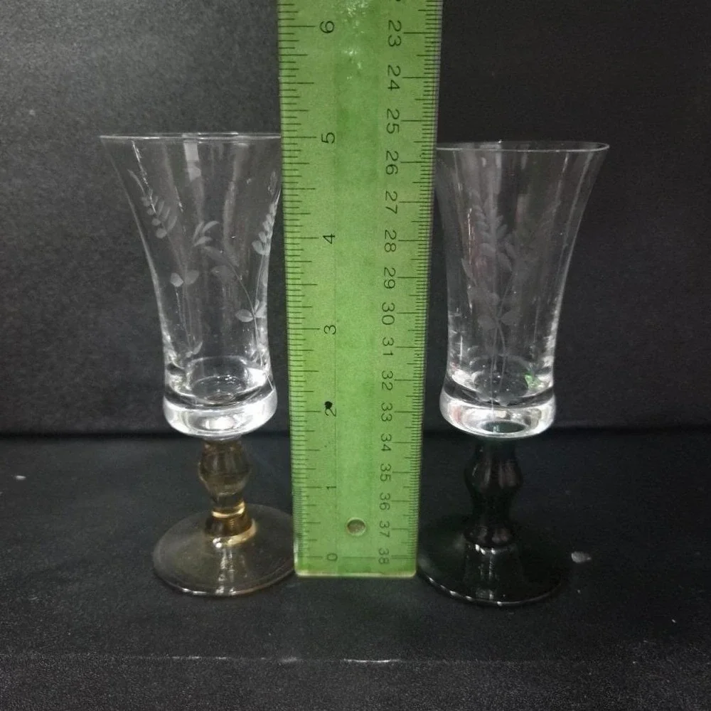 Etched Leaves Cordial Glasses, Set of 2, Vintage Green‎ & Yellow Stem Stemware